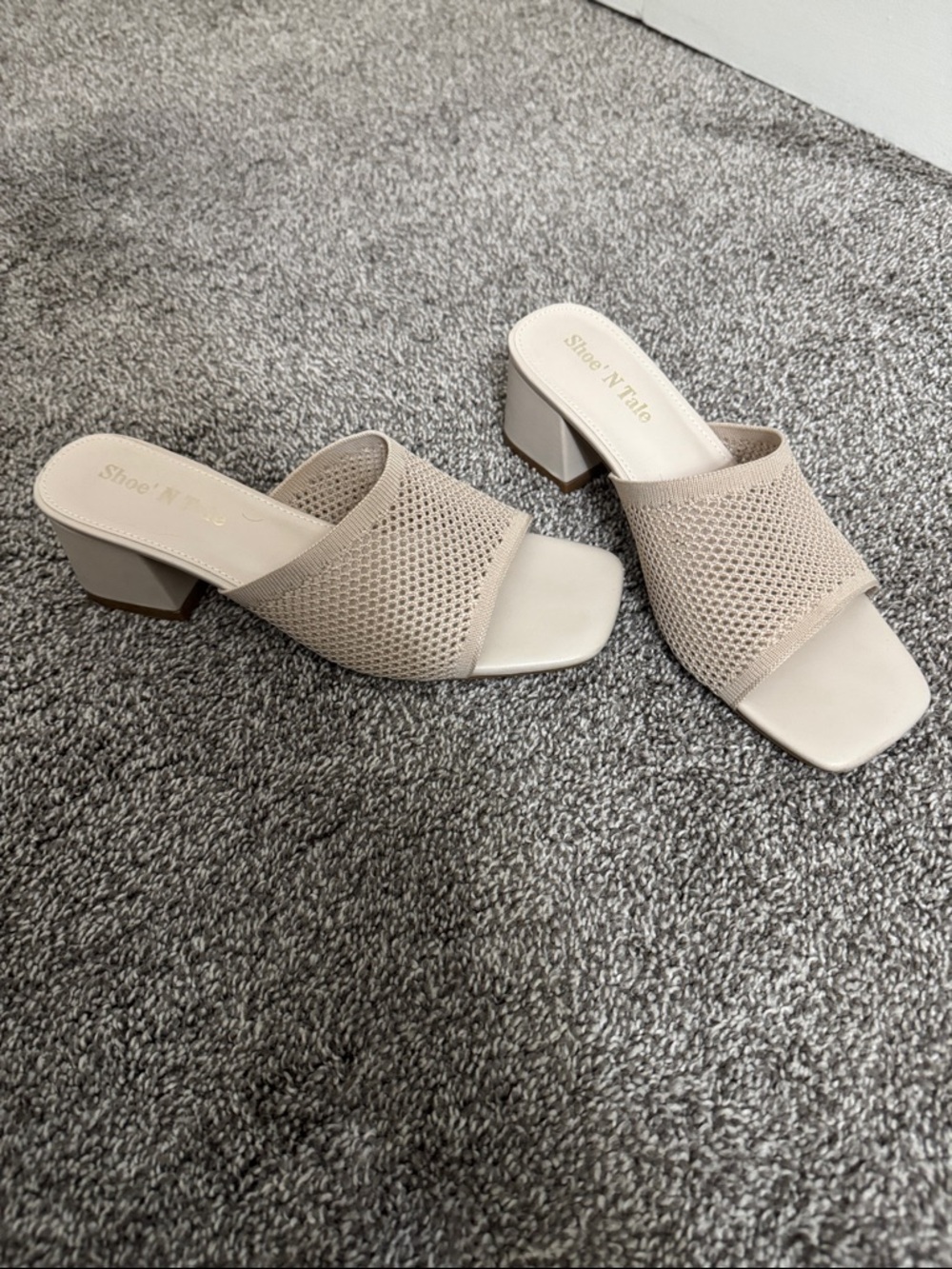 ShoeNTale Beige Knit Block Heel Slide Sandals